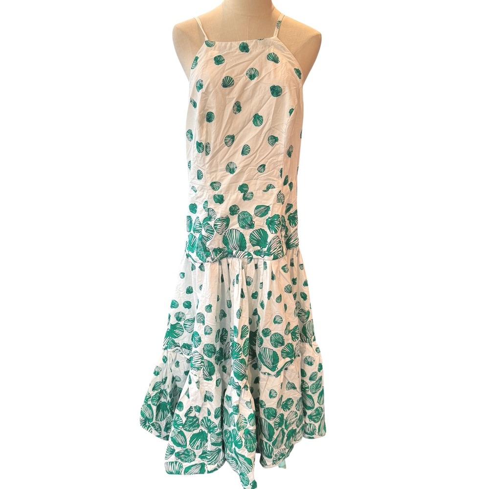 Anthropologie Green White Seashell Print Tiered Maxi Dress Halter Strappy Back - Picture 3 of 9